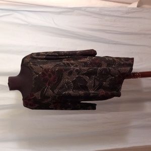 Vikki Vi 2X Black Red Tan Stretchy Popover Assymetrical Shirt Tunic Top